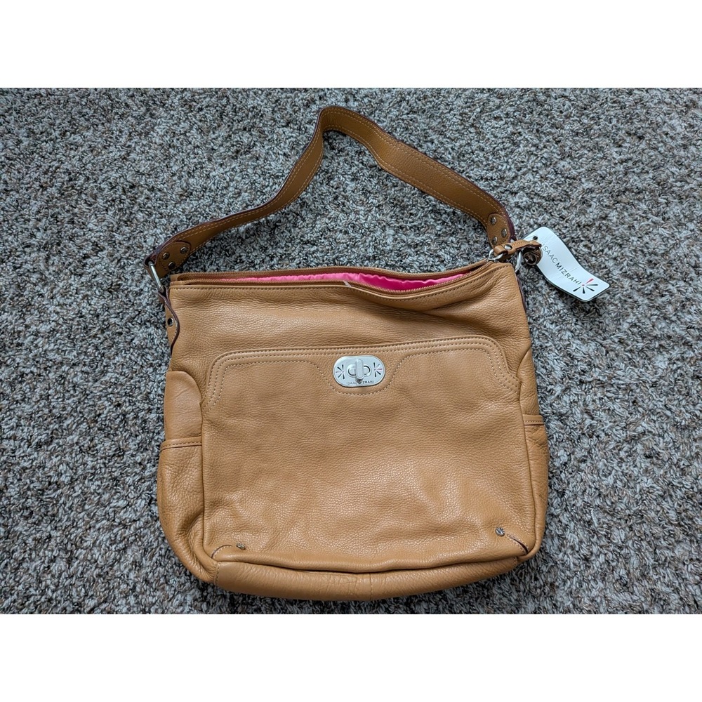 Isaac Mizrahi Leather Shoulder Bag Tan Brown Leather Purse Pink Lining NWT